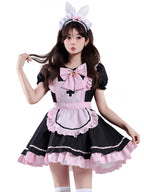 Design Concept:
This Maid Outfit Lolita dress features a charming black and pink color scheme with cat ear accents, a cute bow, and a flared skirt, perfectly capturing the essence of Japanese Lolita fashion. The outfit includes a matching headpiece, dress, apron, and an extra bow to complete the ensemble. The playful yet elegant design makes it ideal for daily cosplay, themed tea parties, or special dress-up occasions.