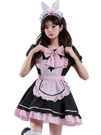 Design Concept:
This Maid Outfit Lolita dress features a charming black and pink color scheme with cat ear accents, a cute bow, and a flared skirt, perfectly capturing the essence of Japanese Lolita fashion. The outfit includes a matching headpiece, dress, apron, and an extra bow to complete the ensemble. The playful yet elegant design makes it ideal for daily cosplay, themed tea parties, or special dress-up occasions.