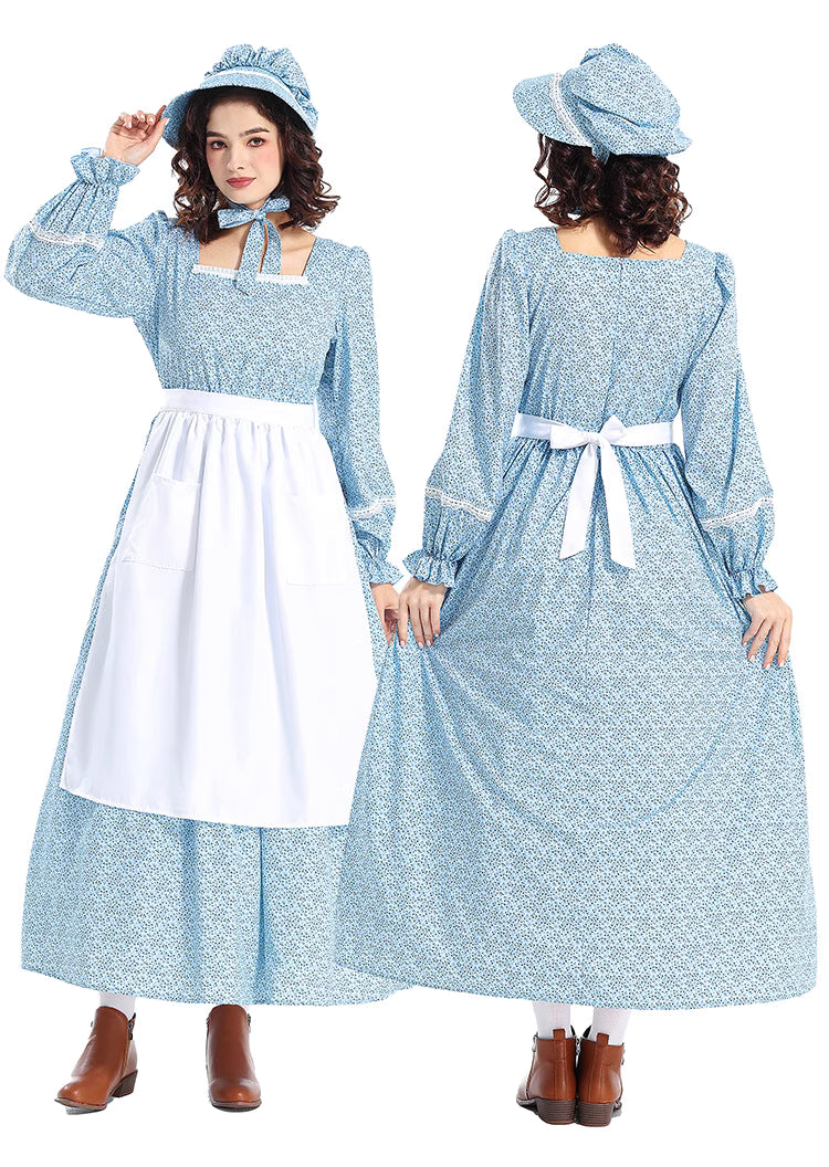 Design Concept：
This blue floral maid-inspired peasant dress draws on a rustic countryside charm with a nostalgic fairytale touch. The design features a delicate floral print, a classic apron overlay, and soft tailoring that creates a graceful yet practical silhouette. Blending simplicity with elegance, the outfit is perfect for stage performances, daily cosplay, or themed events. Its vintage appeal captures the essence of pastoral beauty while staying versatile for multiple occasions.