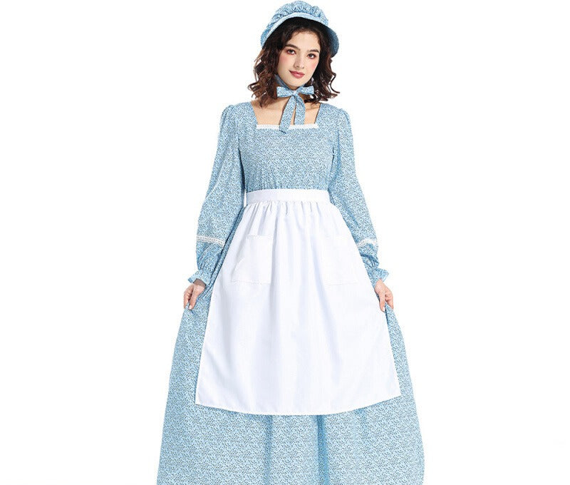 Design Concept：
This blue floral maid-inspired peasant dress draws on a rustic countryside charm with a nostalgic fairytale touch. The design features a delicate floral print, a classic apron overlay, and soft tailoring that creates a graceful yet practical silhouette. Blending simplicity with elegance, the outfit is perfect for stage performances, daily cosplay, or themed events. Its vintage appeal captures the essence of pastoral beauty while staying versatile for multiple occasions.