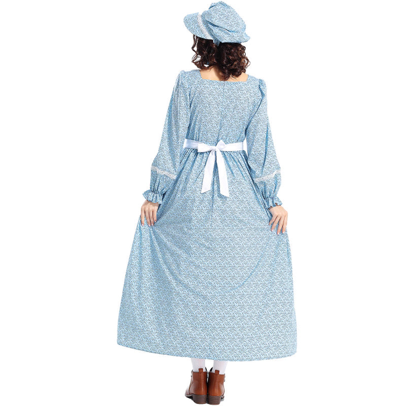 Design Concept：
This blue floral maid-inspired peasant dress draws on a rustic countryside charm with a nostalgic fairytale touch. The design features a delicate floral print, a classic apron overlay, and soft tailoring that creates a graceful yet practical silhouette. Blending simplicity with elegance, the outfit is perfect for stage performances, daily cosplay, or themed events. Its vintage appeal captures the essence of pastoral beauty while staying versatile for multiple occasions.