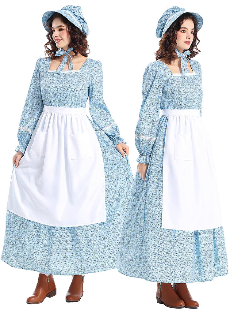 Design Concept：
This blue floral maid-inspired peasant dress draws on a rustic countryside charm with a nostalgic fairytale touch. The design features a delicate floral print, a classic apron overlay, and soft tailoring that creates a graceful yet practical silhouette. Blending simplicity with elegance, the outfit is perfect for stage performances, daily cosplay, or themed events. Its vintage appeal captures the essence of pastoral beauty while staying versatile for multiple occasions.