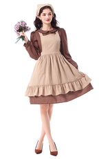 Design Concept:
This brown maid-style peasant dress captures the rustic charm of countryside aesthetics. The design features a flowing long dress paired with a practical apron and a matching headscarf, creating a nostalgic yet timeless look. Its earthy tones and simple lines make it perfect for stage performances, cosplay events, or themed parties, bringing a sense of vintage storytelling and pastoral elegance.