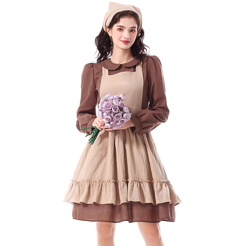 Design Concept:
This brown maid-style peasant dress captures the rustic charm of countryside aesthetics. The design features a flowing long dress paired with a practical apron and a matching headscarf, creating a nostalgic yet timeless look. Its earthy tones and simple lines make it perfect for stage performances, cosplay events, or themed parties, bringing a sense of vintage storytelling and pastoral elegance.