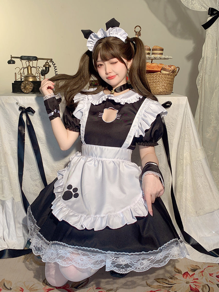 Maid Outfit Plus Size 5XL Black White Cat Paw Lace Ruffles