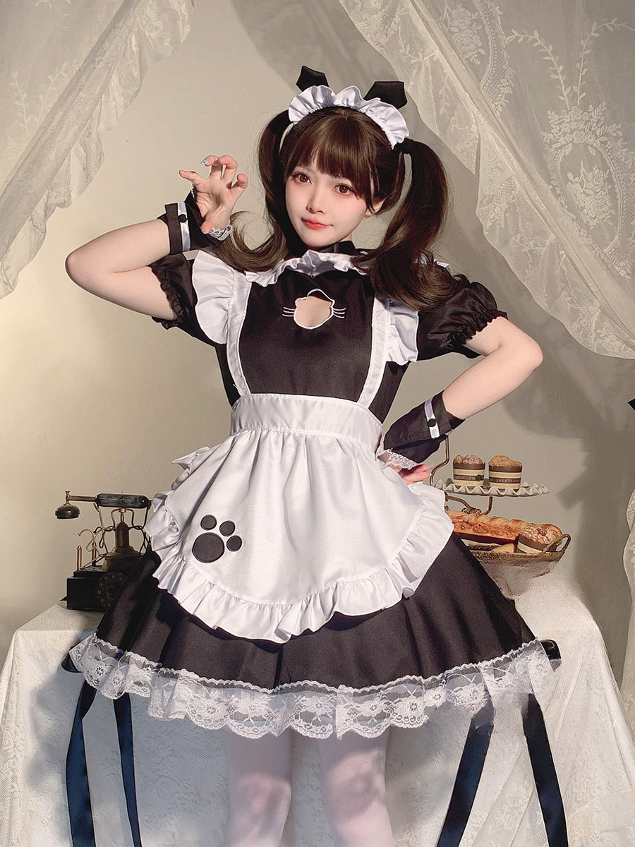 Maid Outfit Plus Size 5XL Black White Cat Paw Lace Ruffles