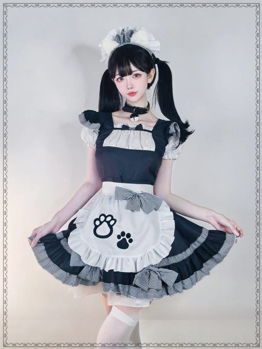 Maid Outfit Plus Size 5XL Black White Checkered Cat Paw Ruffles