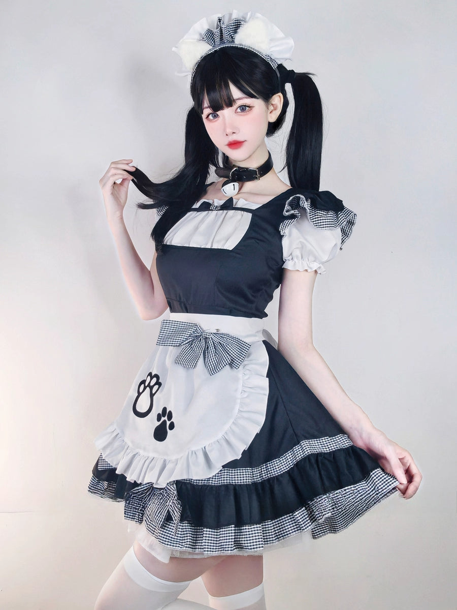 Maid Outfit Plus Size 5XL Black White Checkered Cat Paw Ruffles
