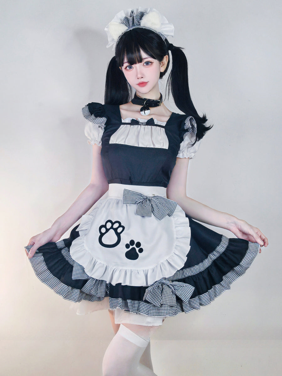 Maid Outfit Plus Size 5XL Black White Checkered Cat Paw Ruffles