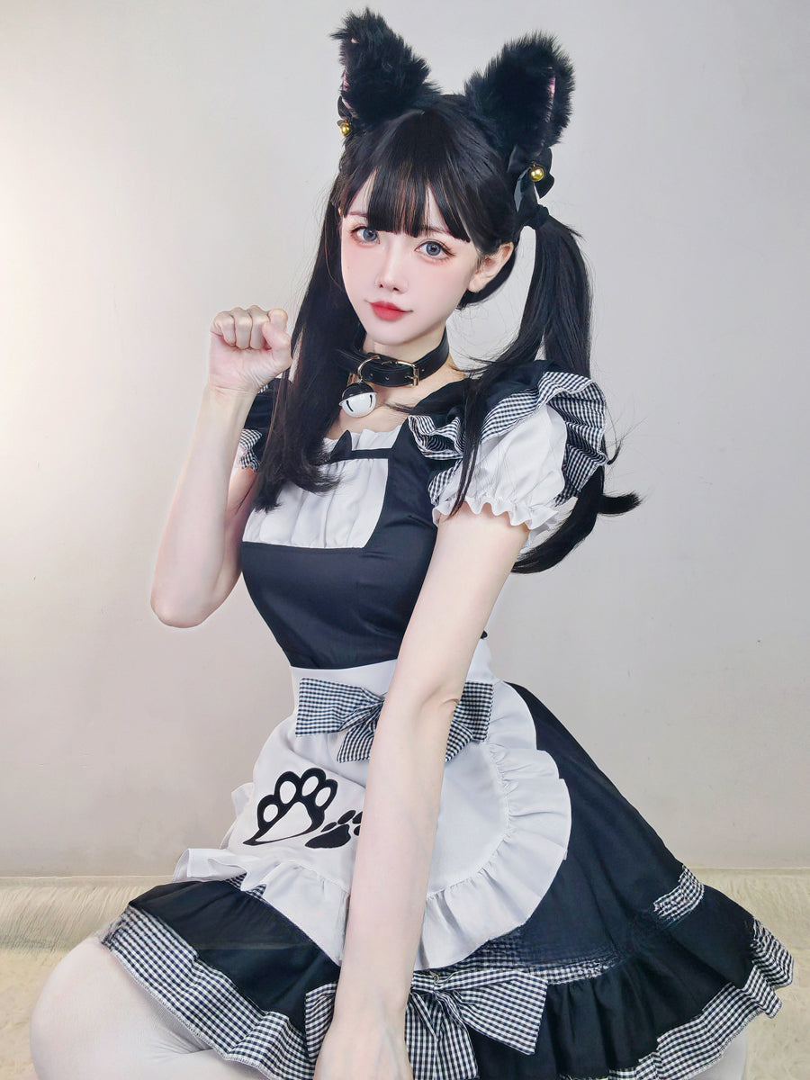 Maid Outfit Plus Size 5XL Black White Checkered Cat Paw Ruffles