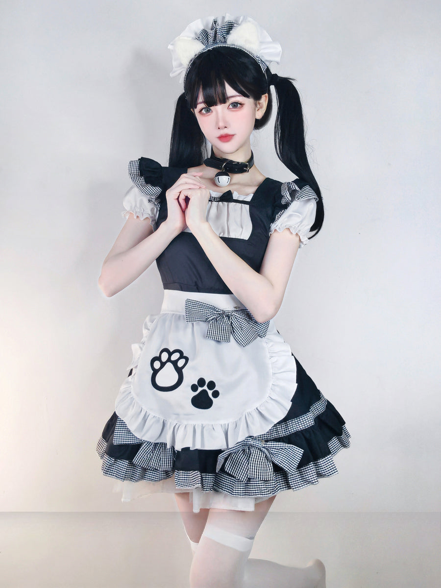 Maid Outfit Plus Size 5XL Black White Checkered Cat Paw Ruffles