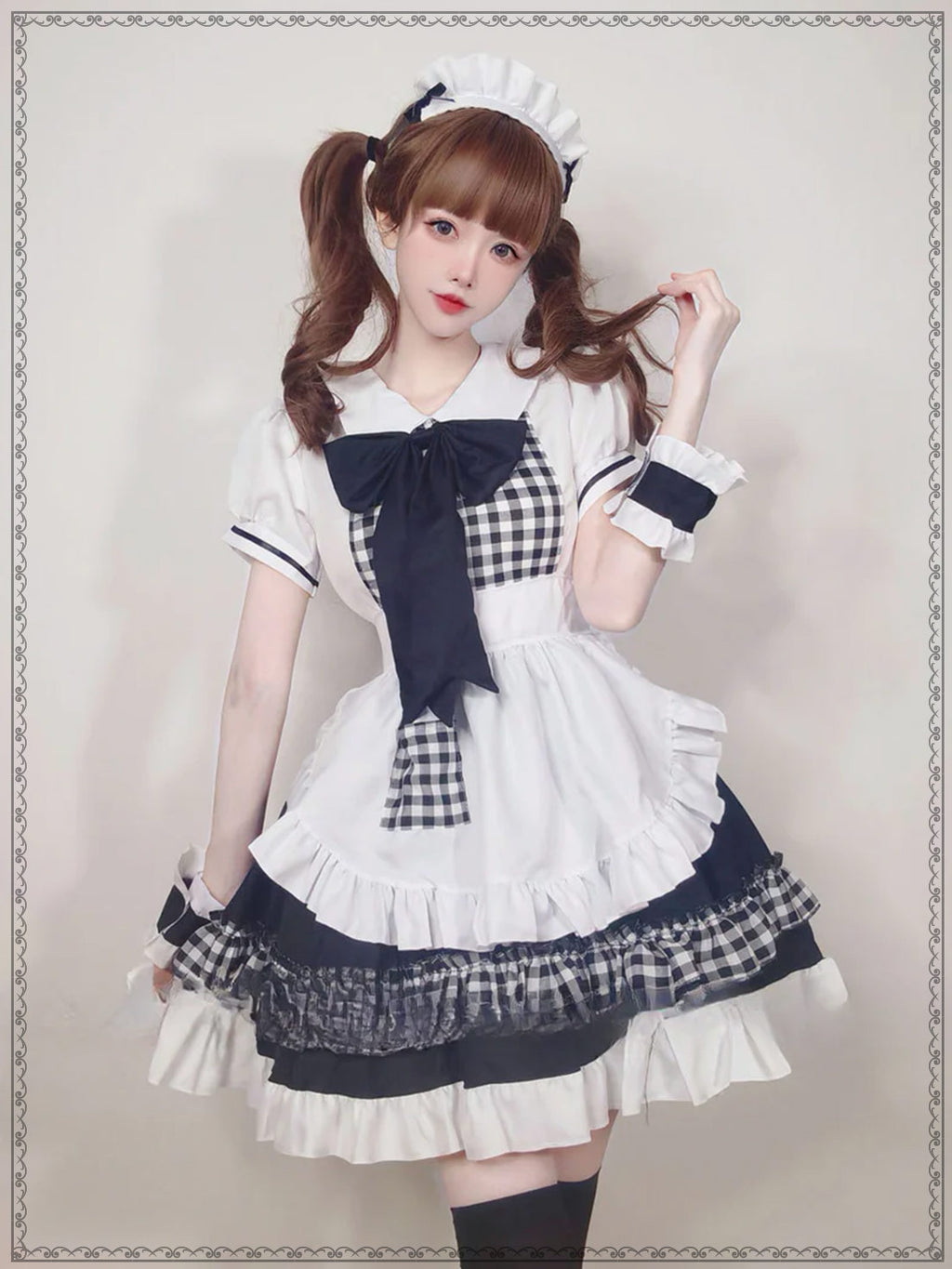 Maid Outfit Plus Size 5XL Black White Checkered Ruffles Bow