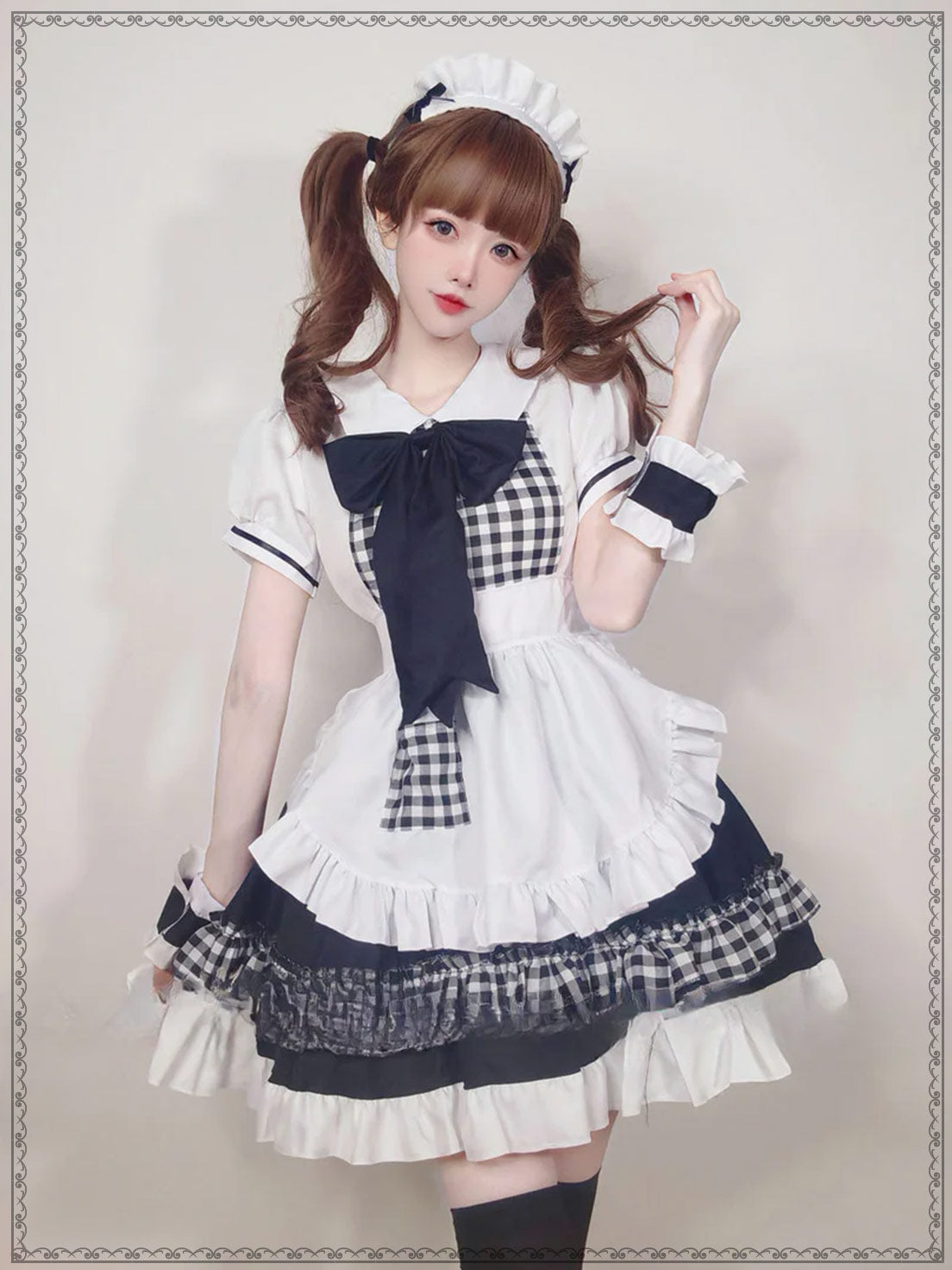 Maid Outfit Plus Size 5XL Black White Checkered Ruffles Bow