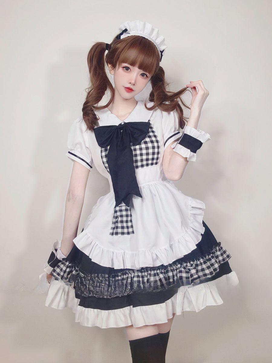 Maid Outfit Plus Size 5XL Black White Checkered Ruffles Bow