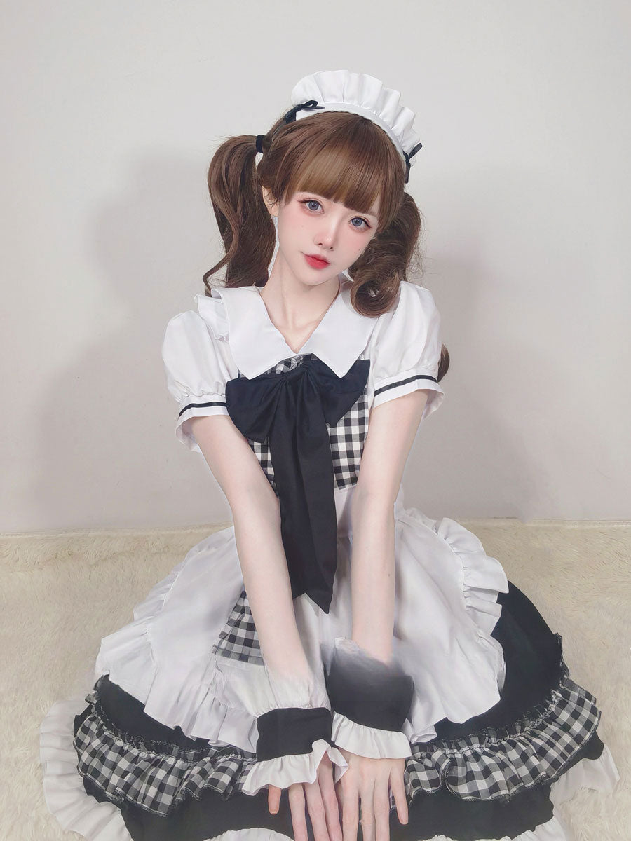 Maid Outfit Plus Size 5XL Black White Checkered Ruffles Bow