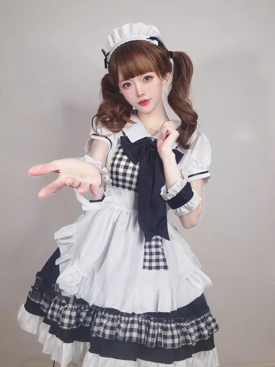Maid Outfit Plus Size 5XL Black White Checkered Ruffles Bow