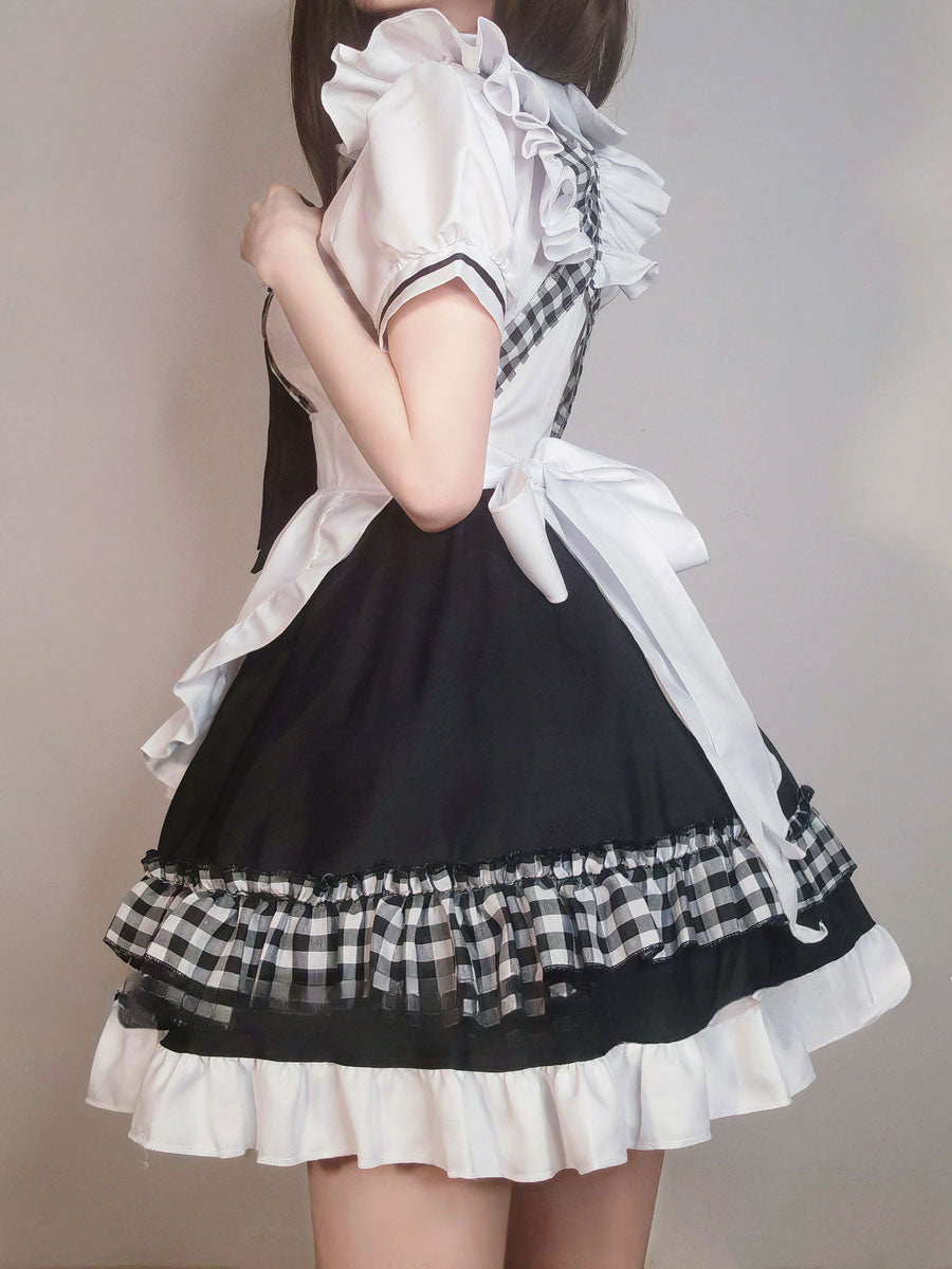 Maid Outfit Plus Size 5XL Black White Checkered Ruffles Bow