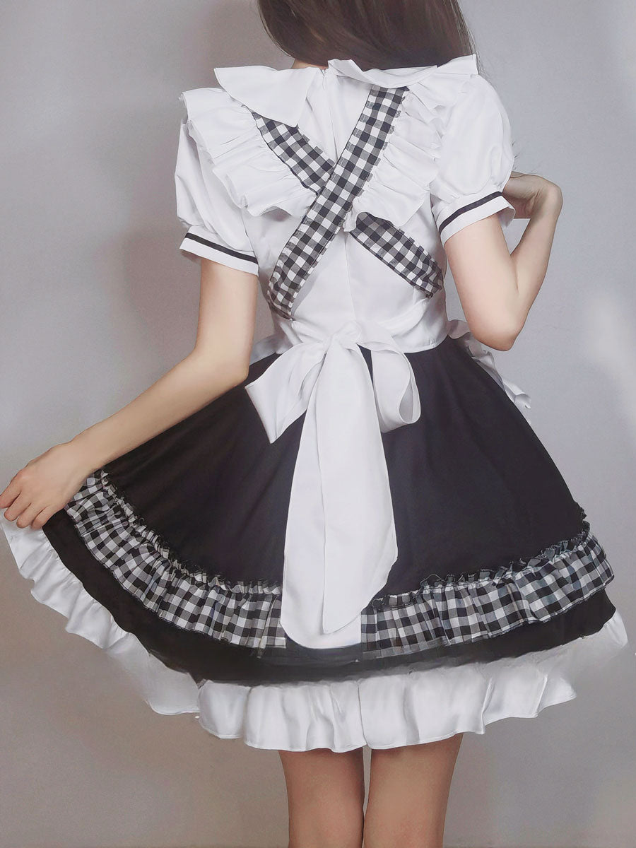 Maid Outfit Plus Size 5XL Black White Checkered Ruffles Bow