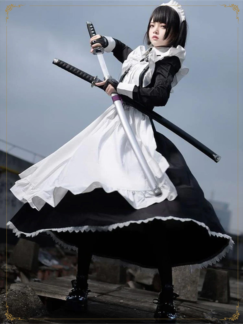 Maid Outfit Plus Size 5XL Black White Frilled Apron Sword Accent