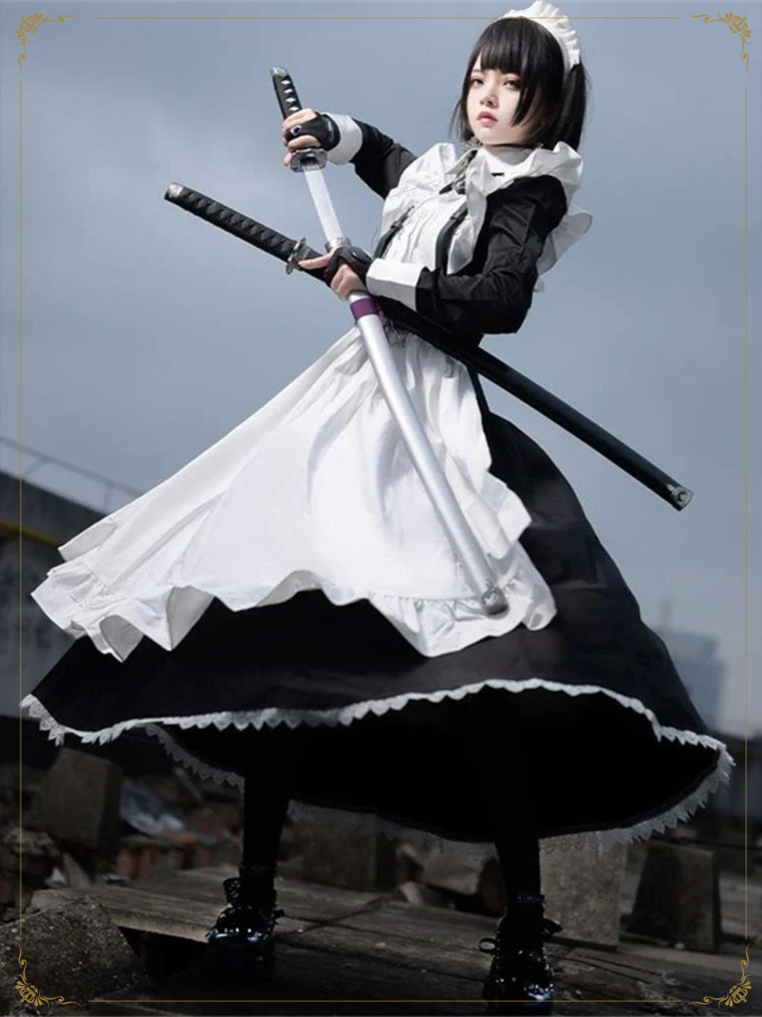 Maid Outfit Plus Size 5XL Black White Frilled Apron Sword Accent