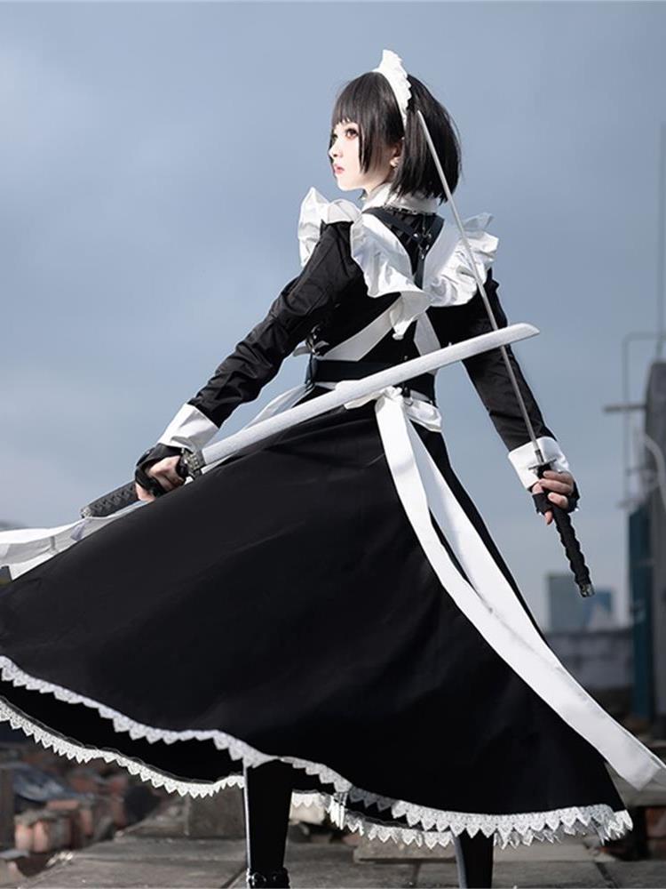 Maid Outfit Plus Size 5XL Black White Frilled Apron Sword Accent