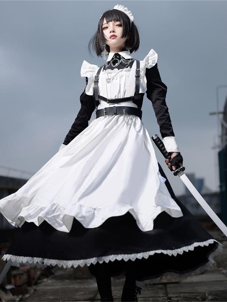 Maid Outfit Plus Size 5XL Black White Frilled Apron Sword Accent