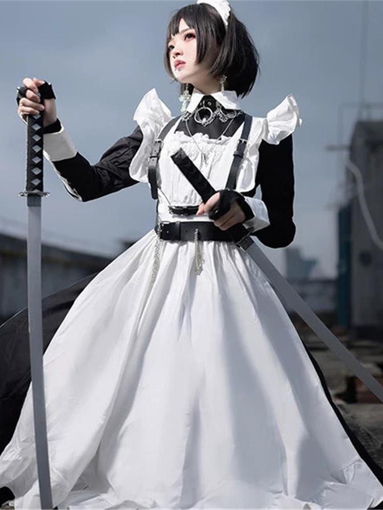 Maid Outfit Plus Size 5XL Black White Frilled Apron Sword Accent