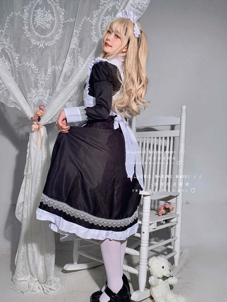 Maid Outfit Plus Size 5XL Black White Long Ruffled Apron Lace