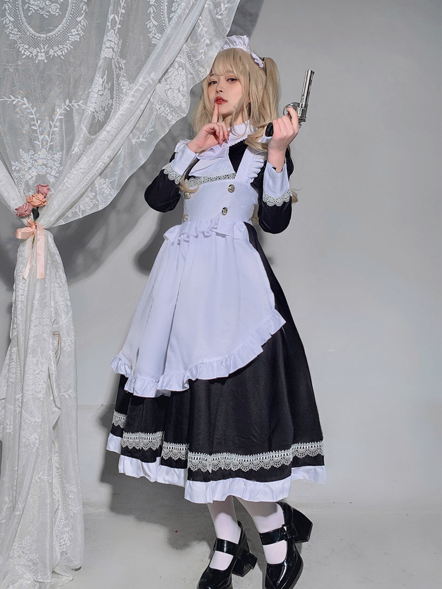 Maid Outfit Plus Size 5XL Black White Long Ruffled Apron Lace
