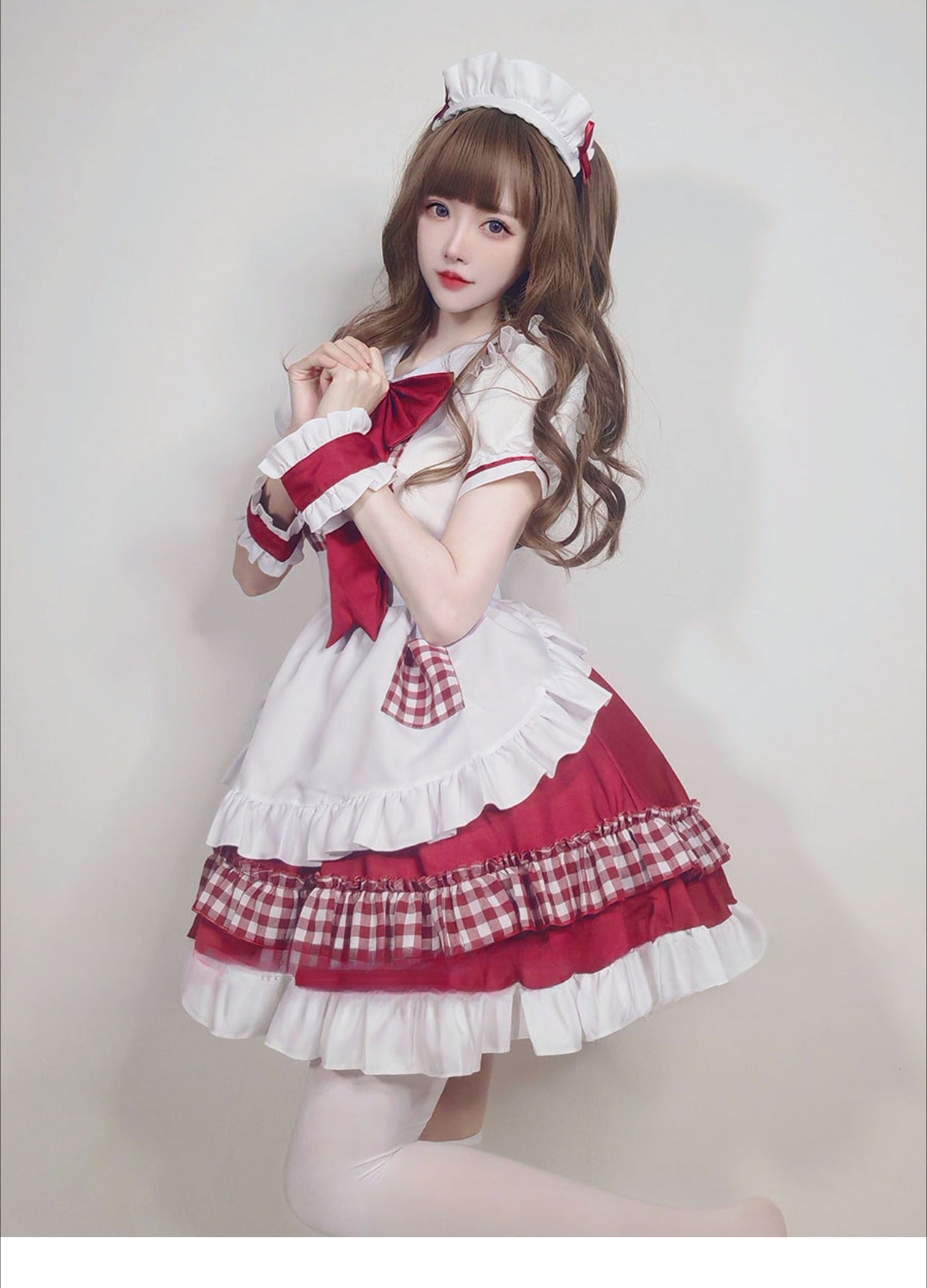 Maid Outfit Plus Size 5XL Red White Checkered Ruffles Bow