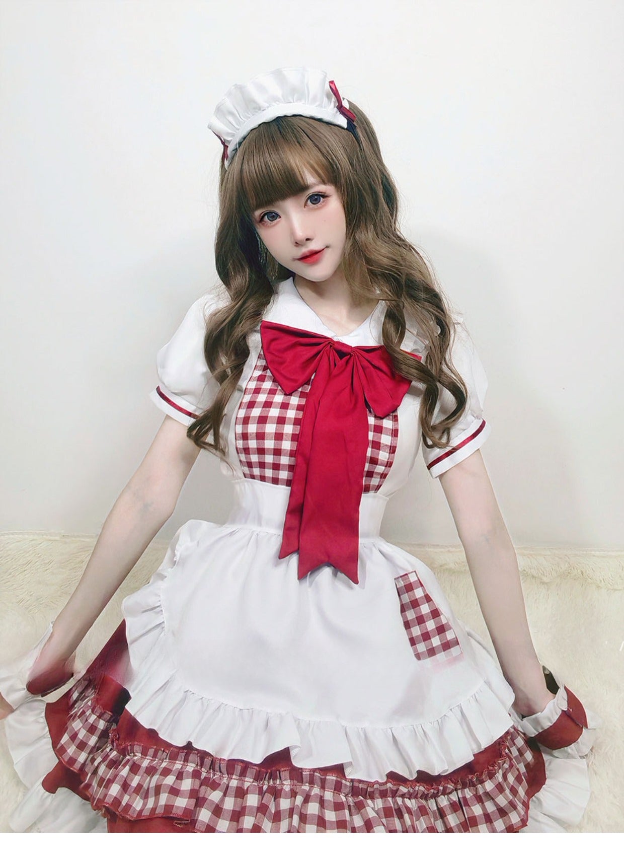 Maid Outfit Plus Size 5XL Red White Checkered Ruffles Bow
