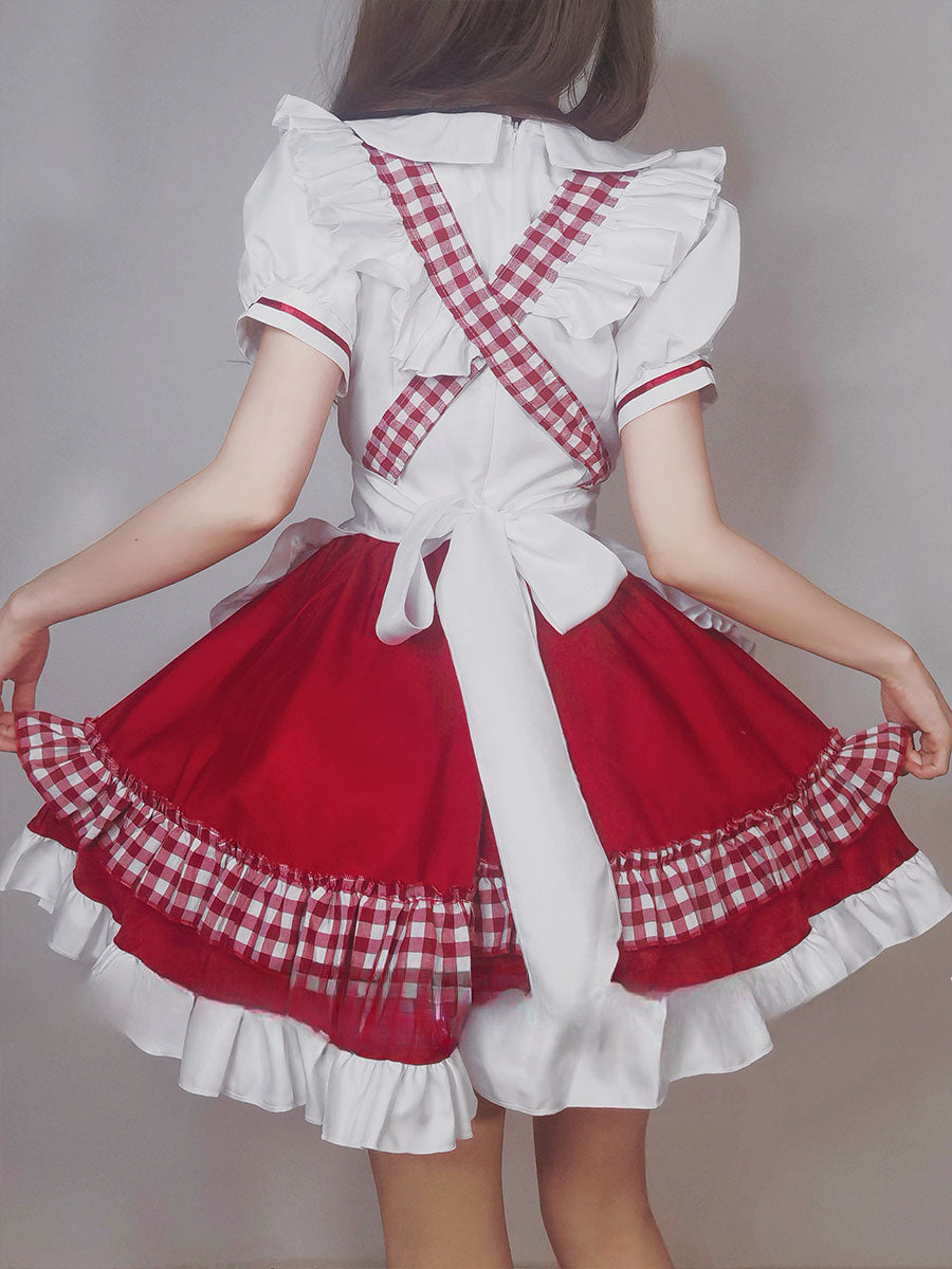 Maid Outfit Plus Size 5XL Red White Checkered Ruffles Bow