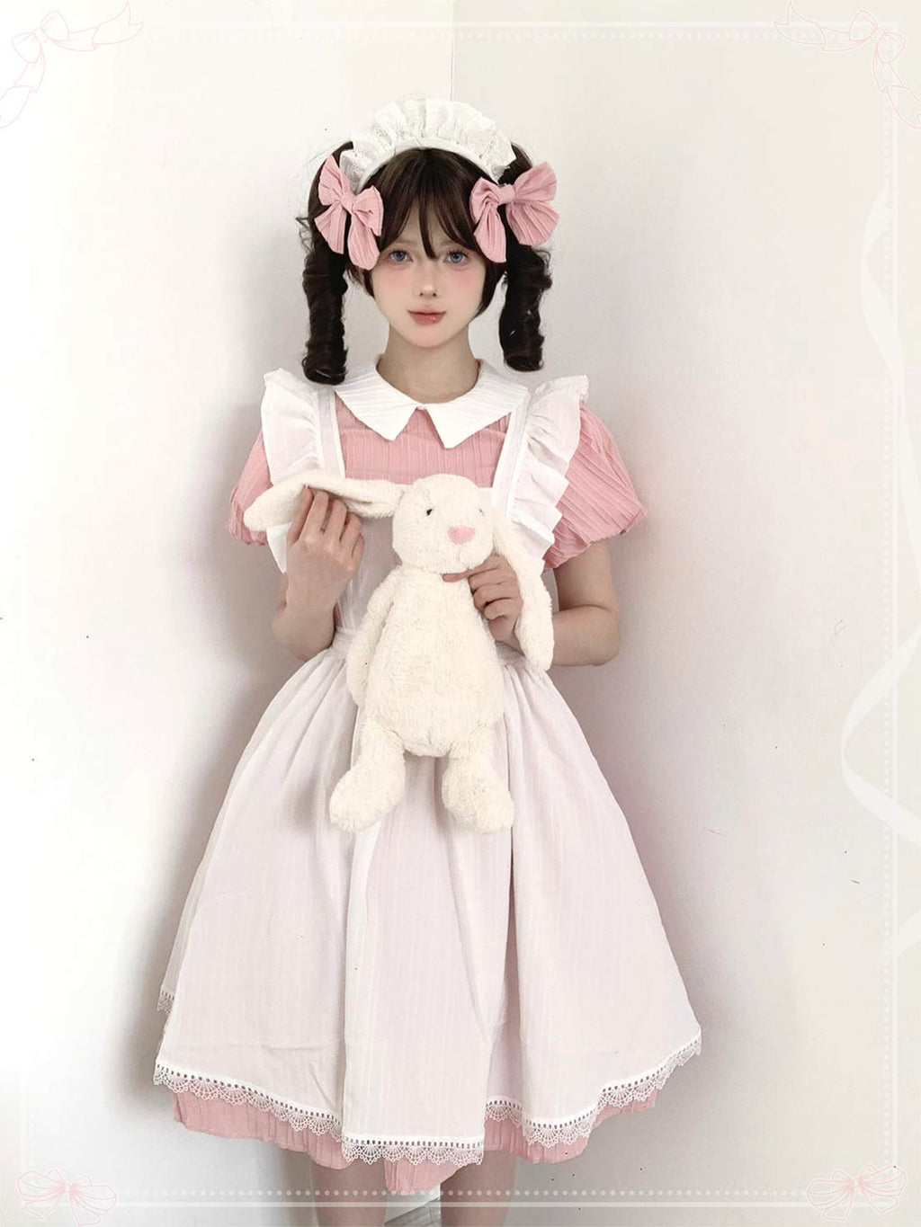 Maid Outfit Sweet Lolita Dress Powder Green Yellow Pink Classic Short Sleeve OP Apron Set