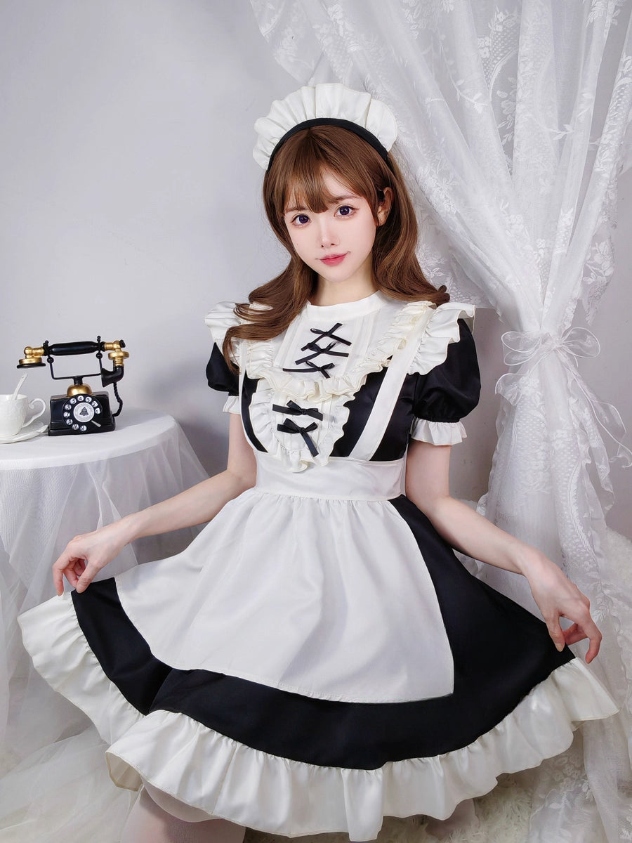 Maid Outfit Sweet Lolita Plus Size 5XL Black White Ruffle Trim Bow Accent