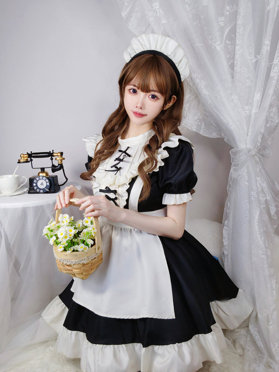 Maid Outfit Sweet Lolita Plus Size 5XL Black White Ruffle Trim Bow Accent