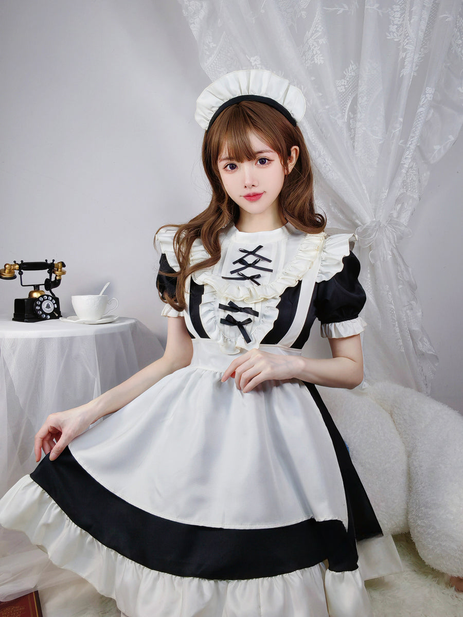 Maid Outfit Sweet Lolita Plus Size 5XL Black White Ruffle Trim Bow Accent