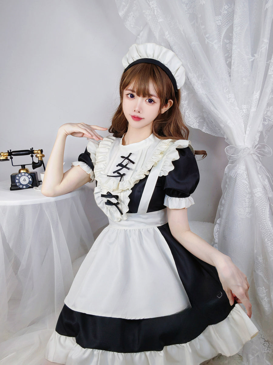 Maid Outfit Sweet Lolita Plus Size 5XL Black White Ruffle Trim Bow Accent