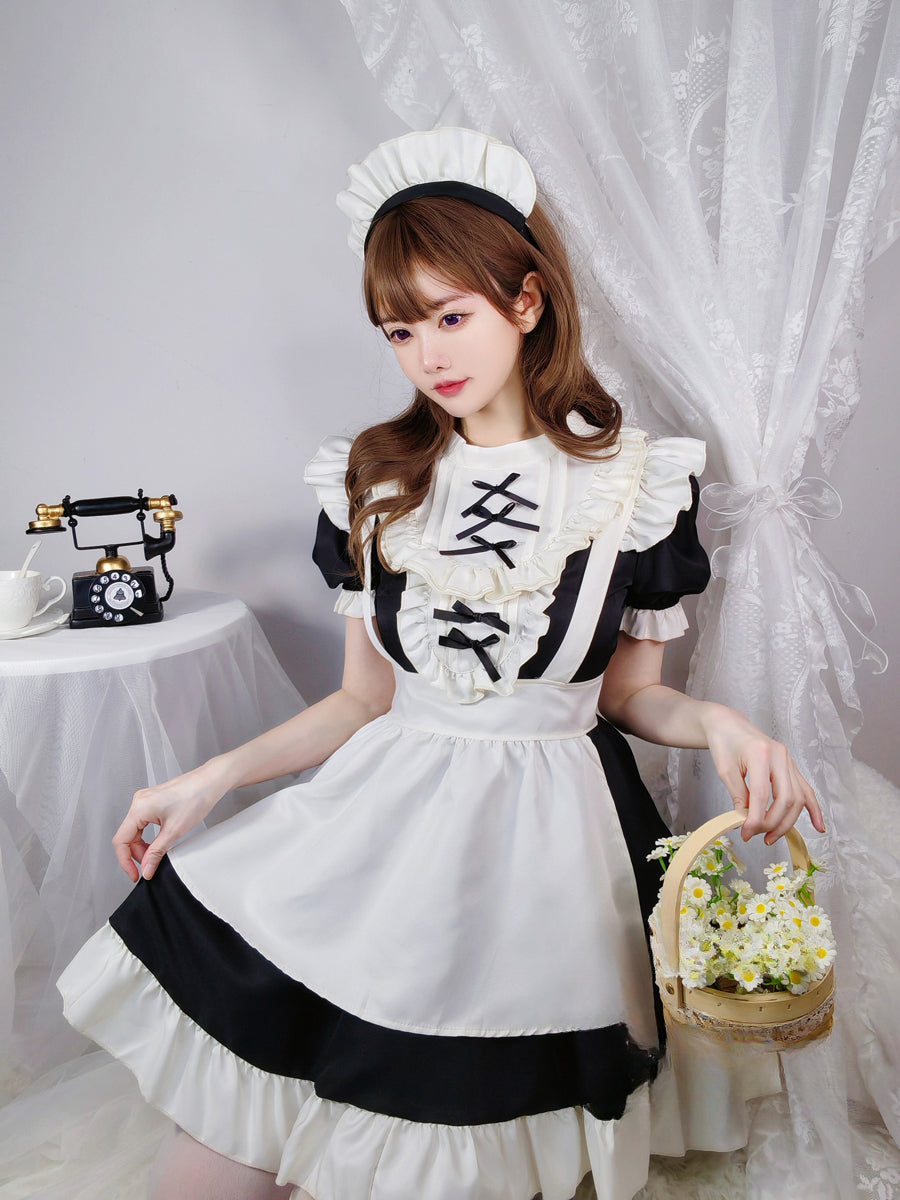 Maid Outfit Sweet Lolita Plus Size 5XL Black White Ruffle Trim Bow Accent