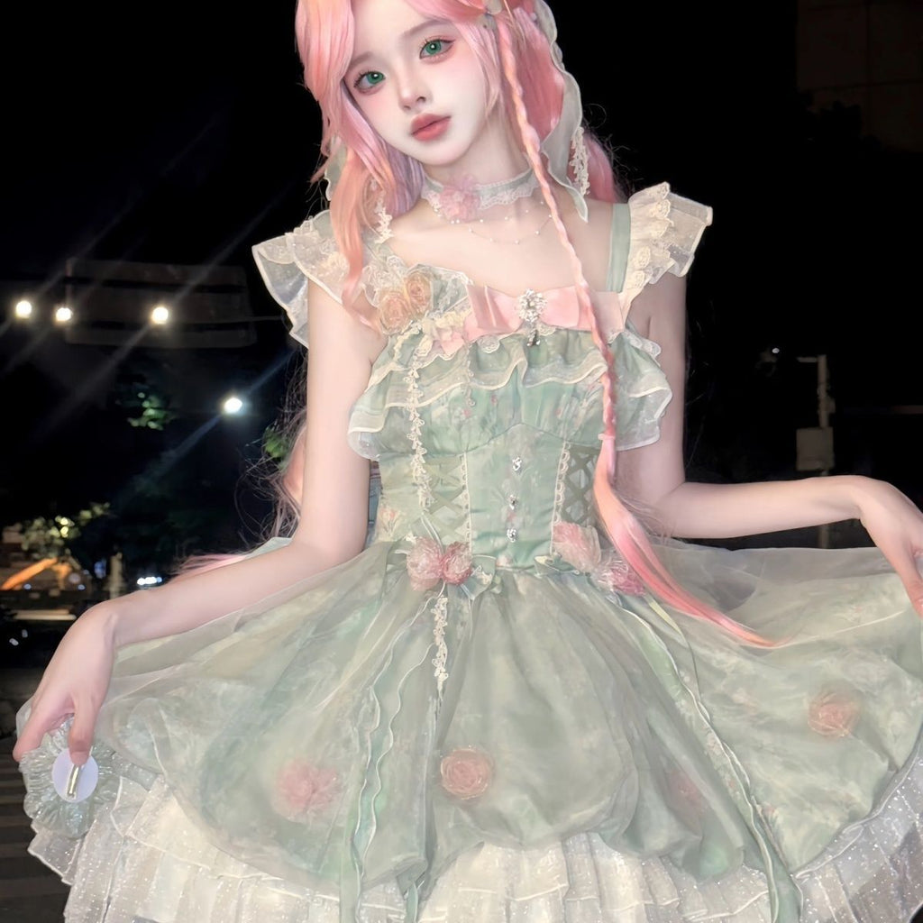Mori Kei Fashion Green Flower Fairy Lolita Small Fresh Dress Sweet Lolita Bud Jsk Skirt Lolita Princess Cute Dress