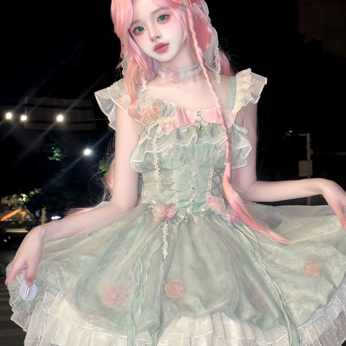 Mori Kei Fashion Green Flower Fairy Lolita Small Fresh Dress Sweet Lolita Bud Jsk Skirt Lolita Princess Cute Dress