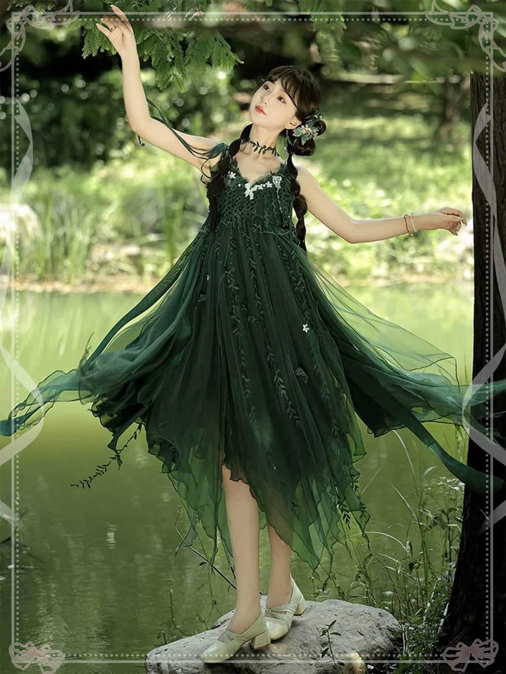 Mori Kei Fashion Lolita Dress Forest Fairy Dark Green Elegant Yarn Suspender Elf JSK