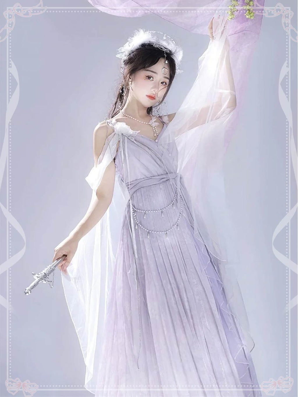 Mori Kei Fashion Prom Dress Dreamy Light Purple Lolita JSK Dress Lace Flowy Side Slit