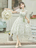 Qi Lolita Mori Kei Fashion Light green Sleeveless Chiffon Sweetheart  Irregular Long Skirt