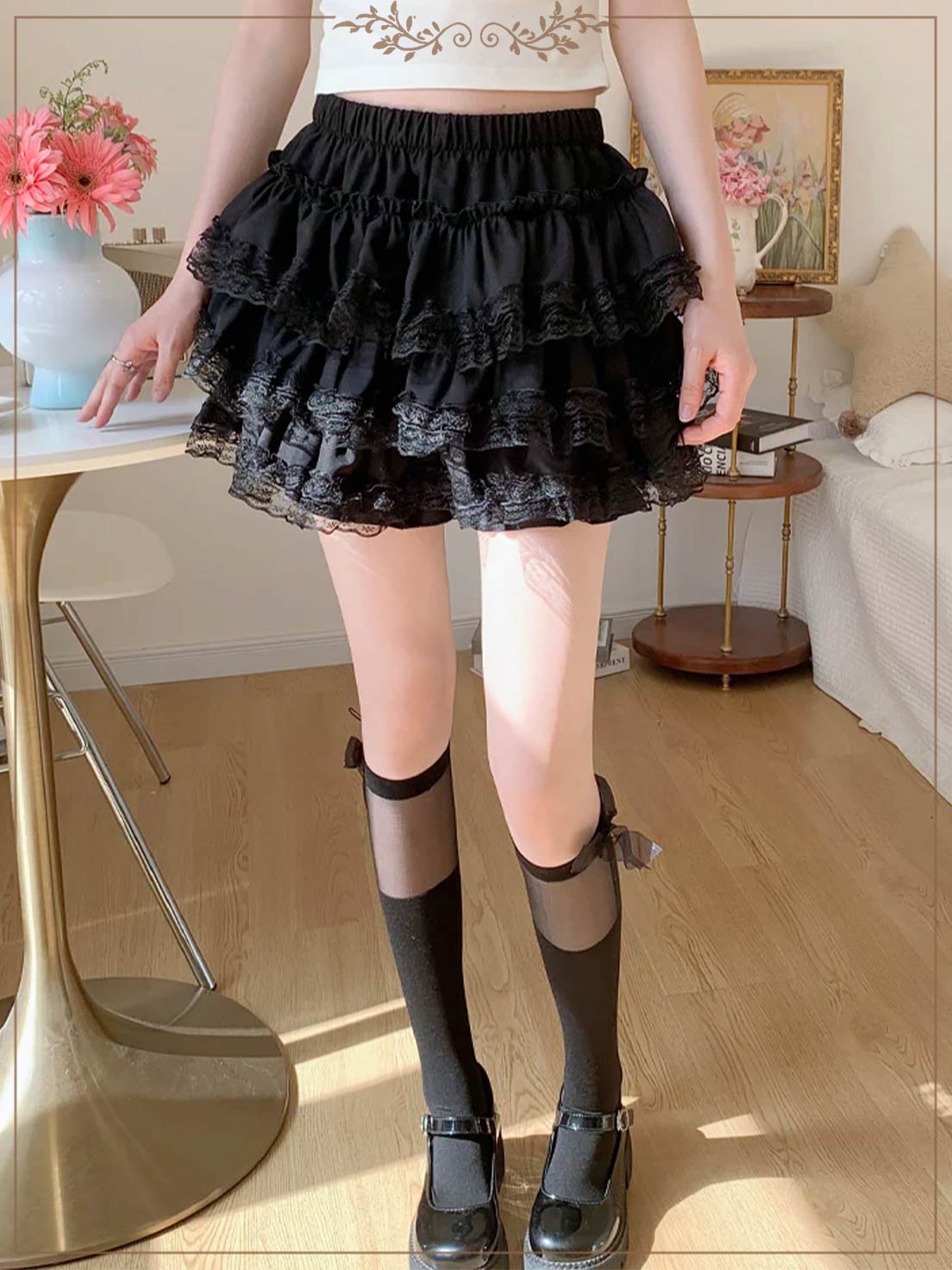 Petticoats Black Lace Trim ALine Skirt High Waisted Fluffy Cake Layered Skirt with Builtin Shorts