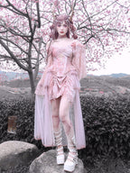 Pink Lace Detailed Sheer Train Horned Headpiece Goth Lolita Outfit
