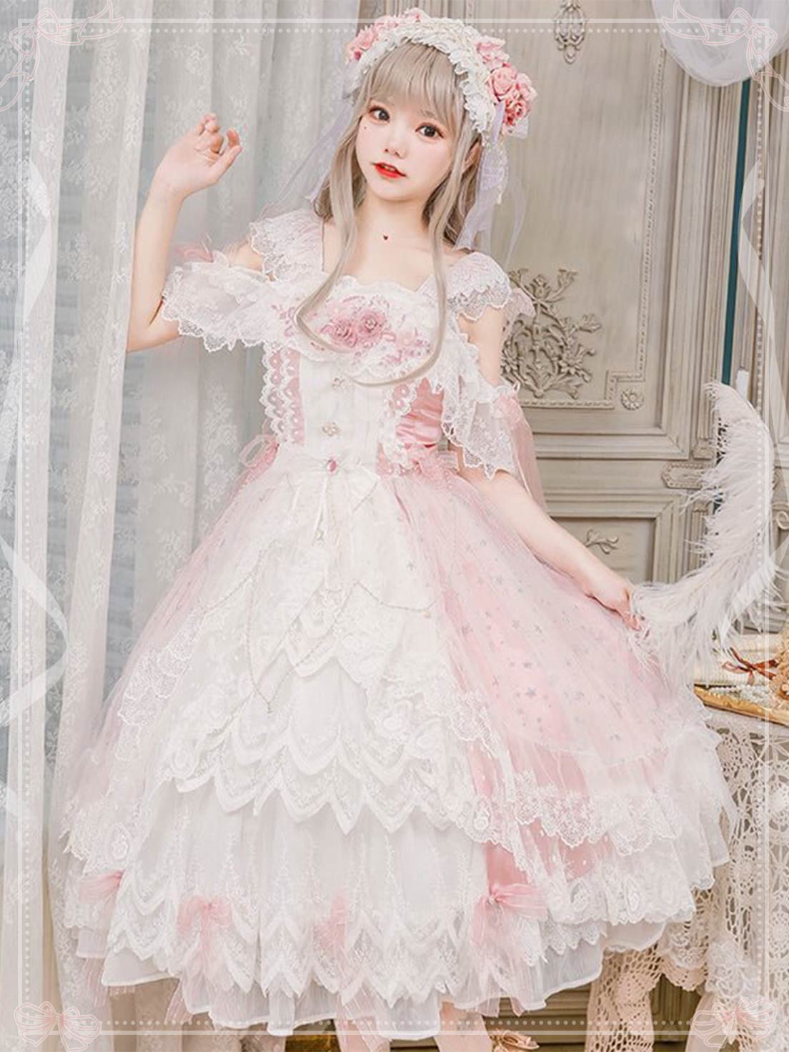Pink Rose Lace Floral Marriage Lolita Multi Layer Dress Princess JSK