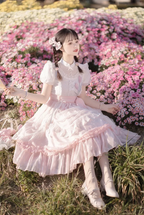 Sweet Lolita Qi Pink Tulips with Ruffles Lace Princess Dress Daily Wear