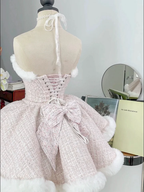 Pink Woolen Elegant Tube Dress Lolita Princess Dress in Winter Plush Cloak Three Piece Set