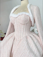 Pink Woolen Elegant Tube Dress Lolita Princess Dress in Winter Plush Cloak Three Piece Set