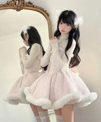 Pink Woolen Elegant Tube Dress Lolita Princess Dress in Winter Plush Cloak Three Piece Set
